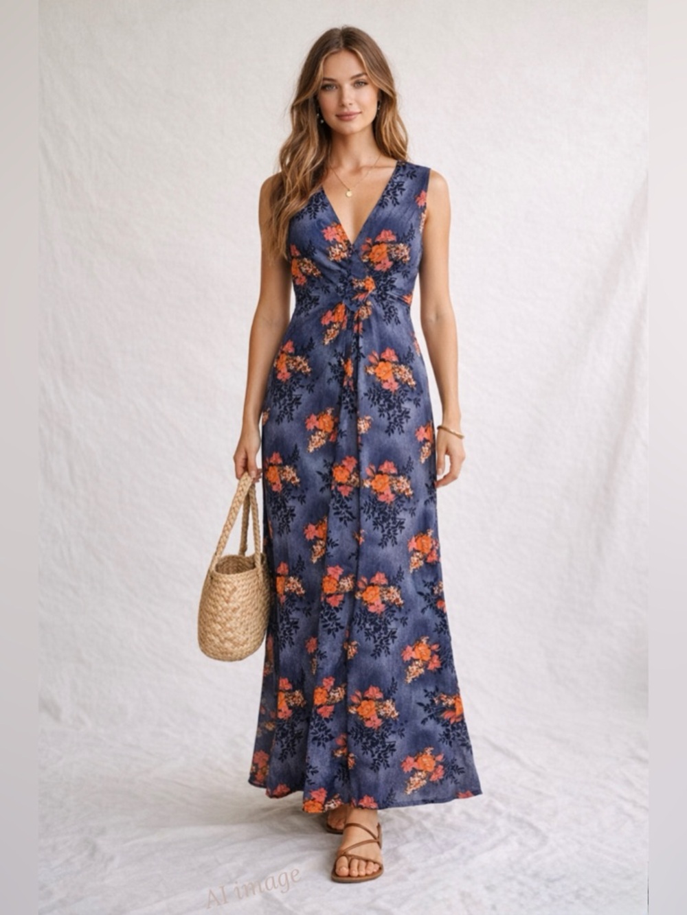 Vintage 60s 70s Blue Floral Maxi Dress M Boho Cottagecore Spring Summer